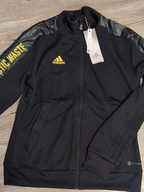 adidas Black Track Jacket with Yellow Accents and Green Shoulder Pattern